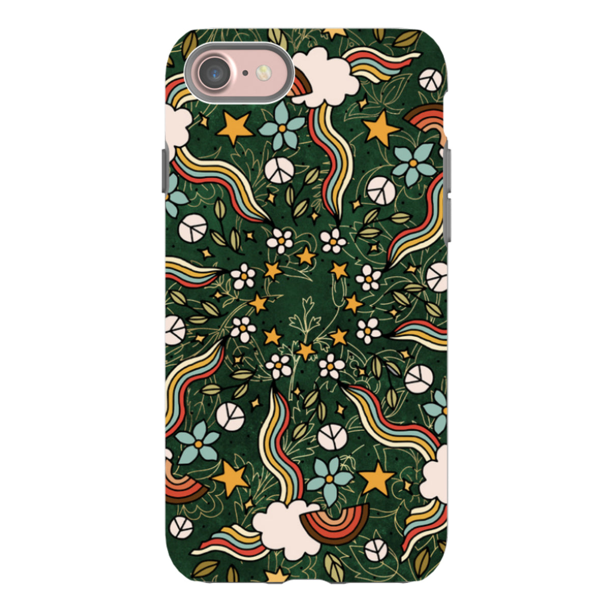 iPhone tough case with a dark green mandala pattern featuring retro rainbows, clouds, stars, flowers, and peace signs.