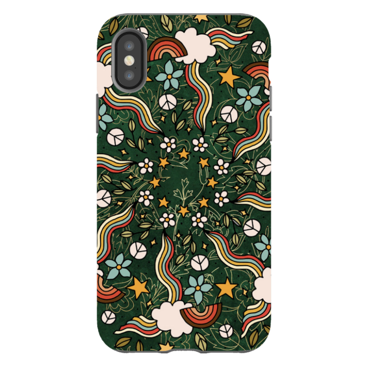 iPhone tough case with a dark green mandala print featuring retro rainbows, clouds, flowers, and peace signs.