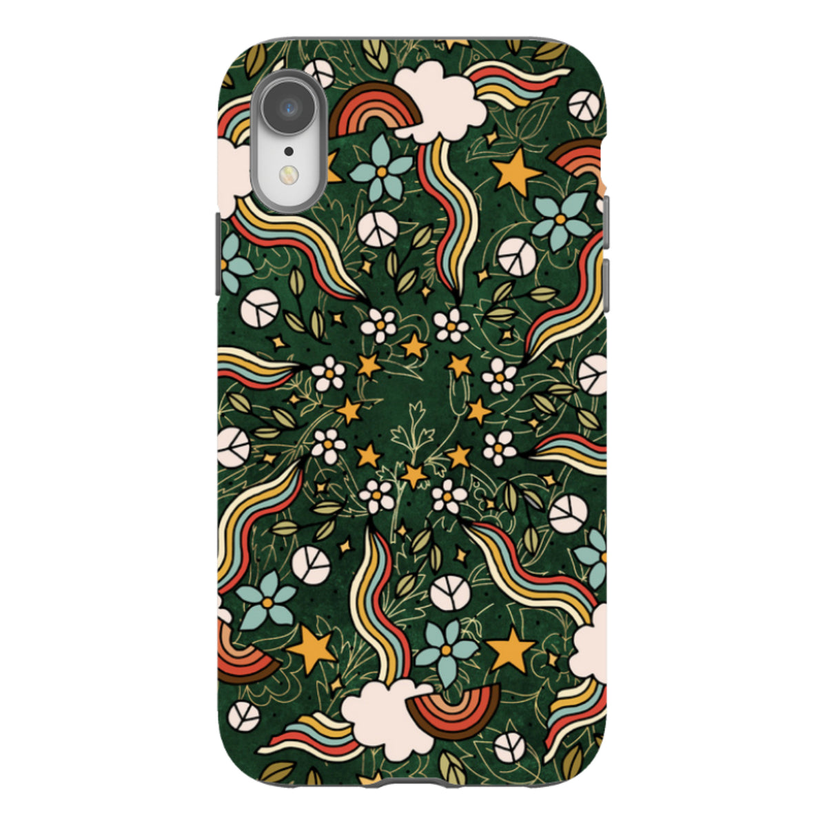iPhone tough case with a dark green mandala pattern featuring retro rainbows, stars, peace signs, and flowers.