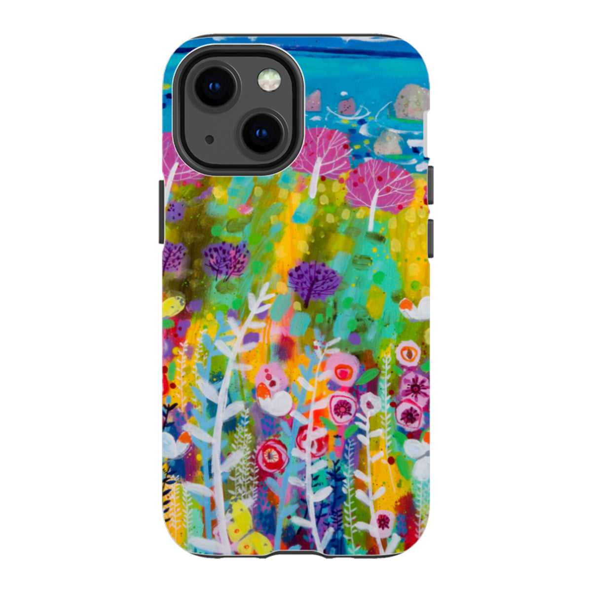 iPhone tough case featuring Claire West's vibrant Precious Day floral art with a durable dual-layer protective shell.