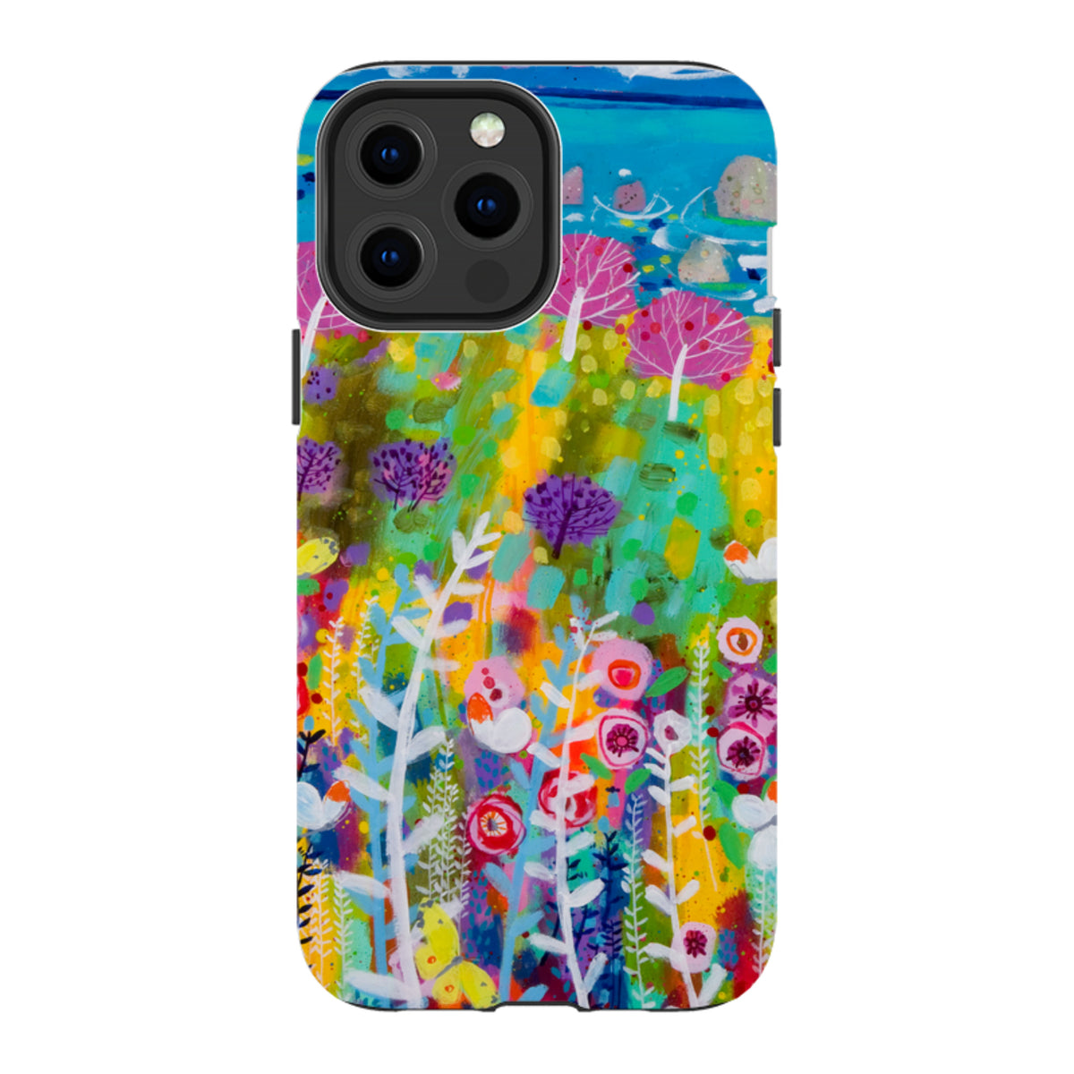 iPhone tough case featuring Claire West's colorful Precious Day floral art with a dual-layer protective design.