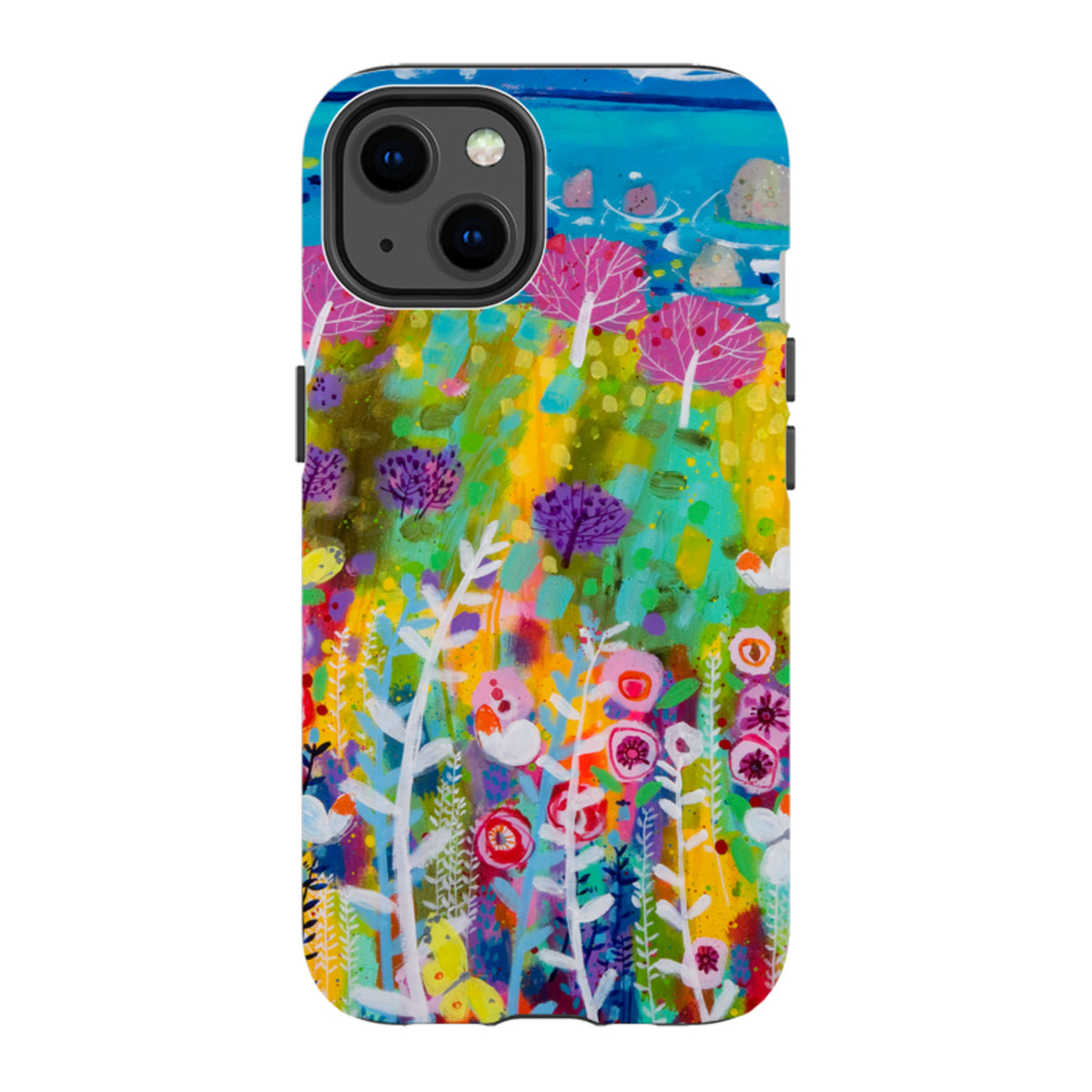 iPhone tough case featuring Claire West's vibrant Precious Day floral art with a dual-layer protective design.