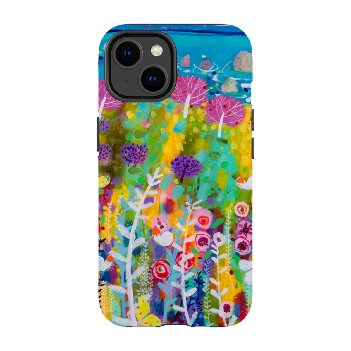 iPhone tough case featuring Claire West's Precious Day artwork with vibrant floral patterns and dual-layer protection.