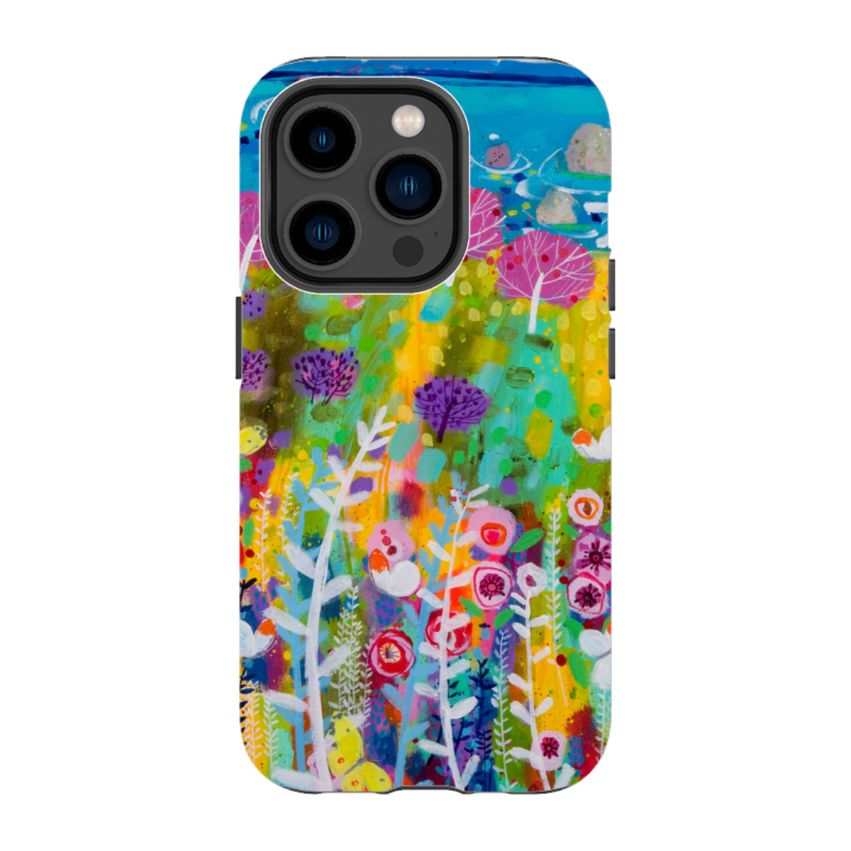 iPhone tough case featuring Claire West's vibrant Precious Day floral art with a dual-layer protective design.