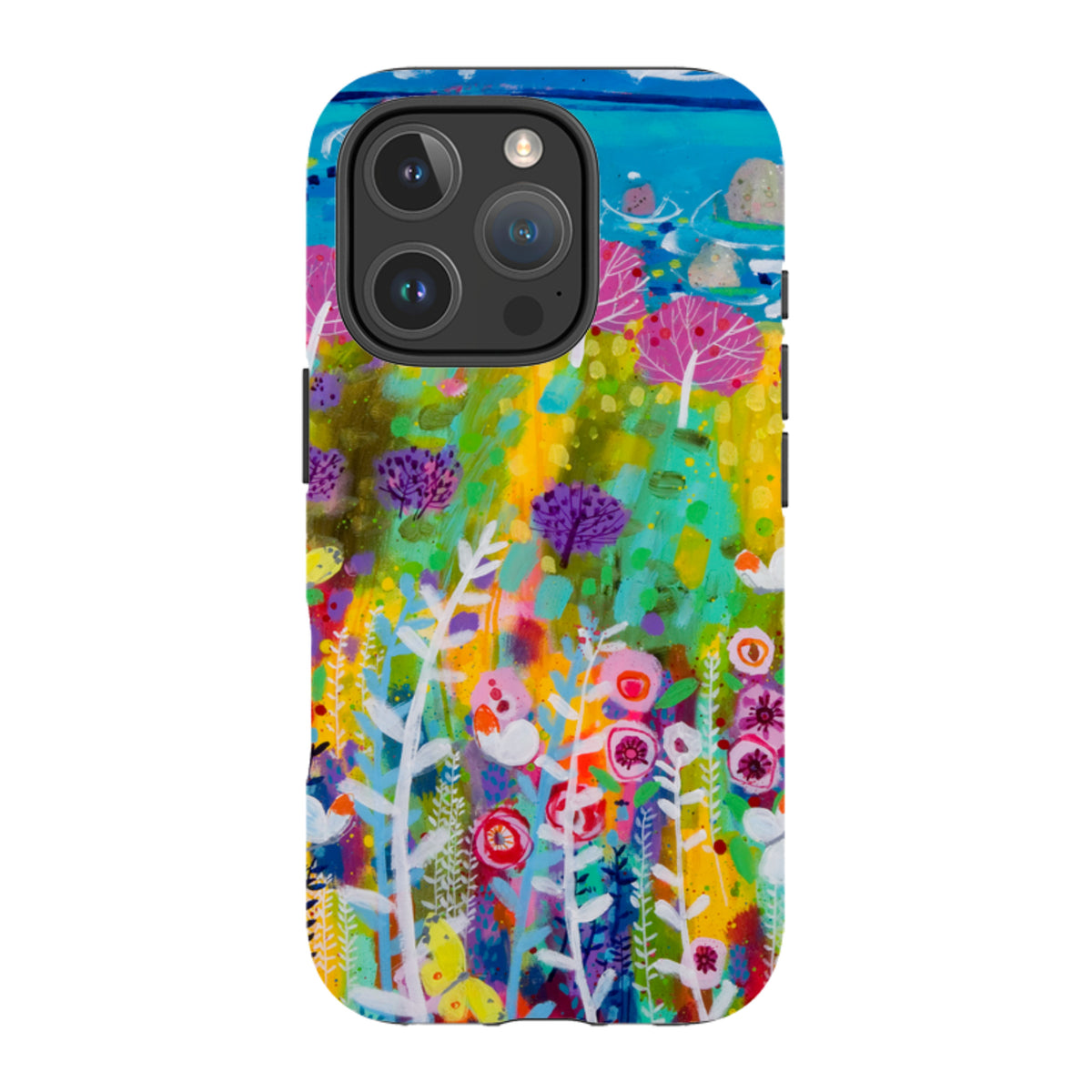 iPhone tough case featuring Claire West's colorful Precious Day floral art with a dual-layer protective design.