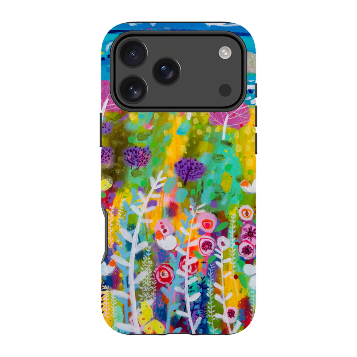 iPhone tough case featuring Claire West's vibrant Precious Day floral art with a durable dual-layer protective design.