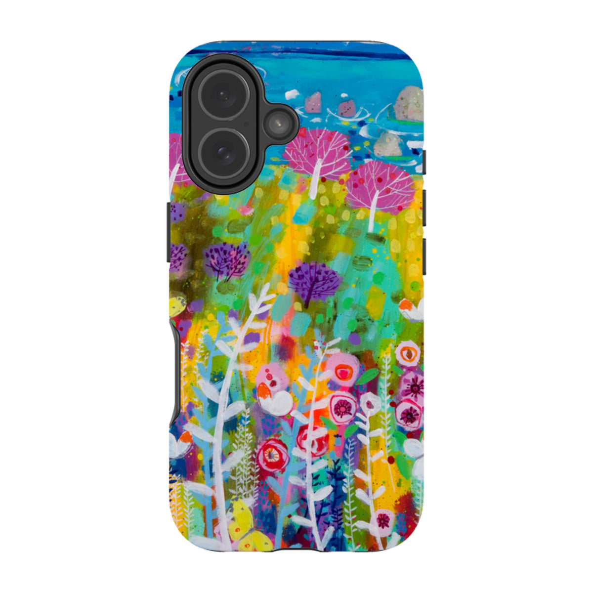 Dual-layer iPhone tough case featuring Claire West's vibrant Precious Day floral art with a protective camera cutout.