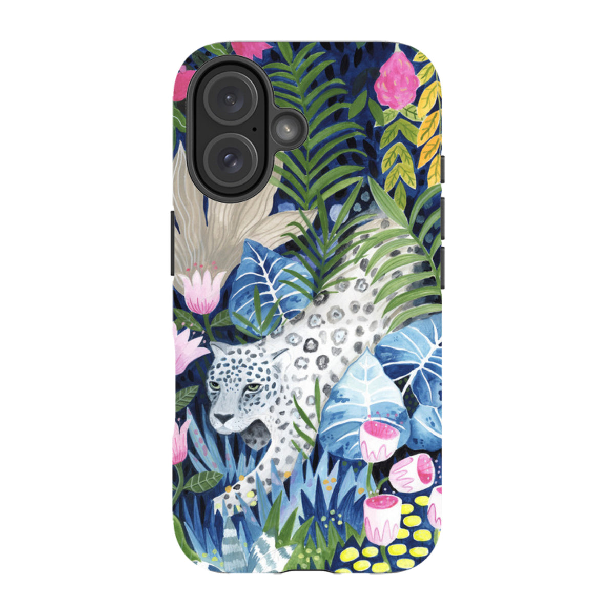 iPhone tough case featuring a prowling leopard in a vibrant, colorful jungle floral print with dual-layer protection.