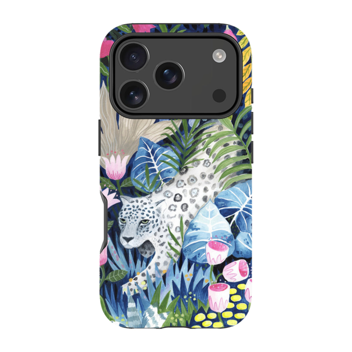 iPhone tough case featuring a prowling leopard in a vibrant jungle of blue leaves and pink flowers on a dual-layer shell.