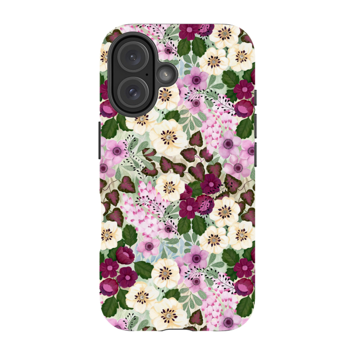Dual-layer iPhone tough case with a vibrant purple and cream floral pattern by Bex Parkin and raised camera protection.