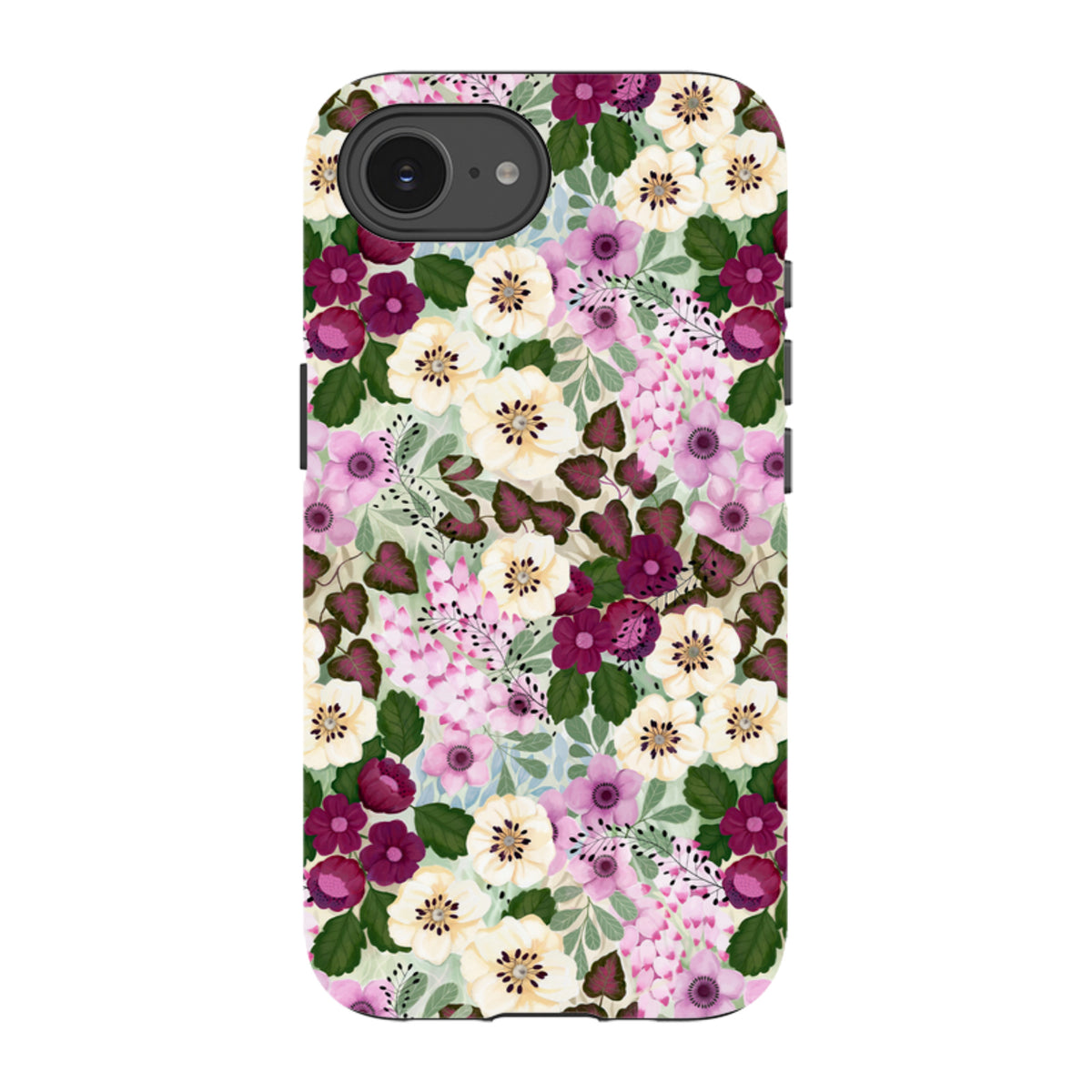 iPhone tough case with a purple and cream floral pattern by Bex Parkin, featuring a durable dual-layer protective design.