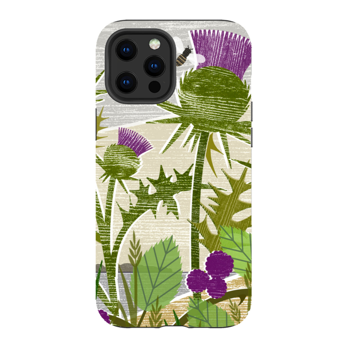 iPhone tough case featuring Liane Payne’s purple thistle botanical art with green stems and a bee on a textured background.