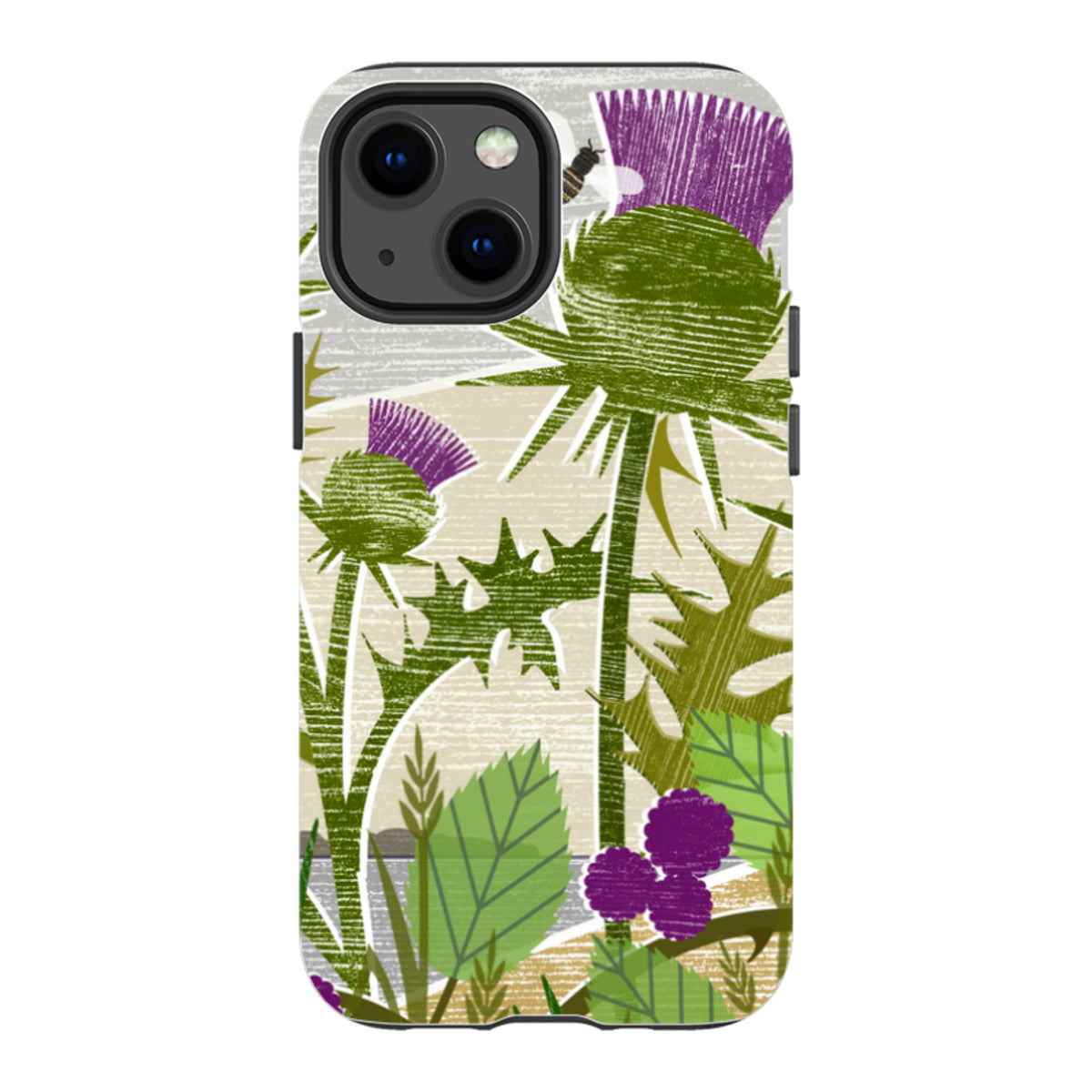 Dual-layer iPhone tough case featuring a purple thistle and botanical art print with a protective shock-absorbing liner.