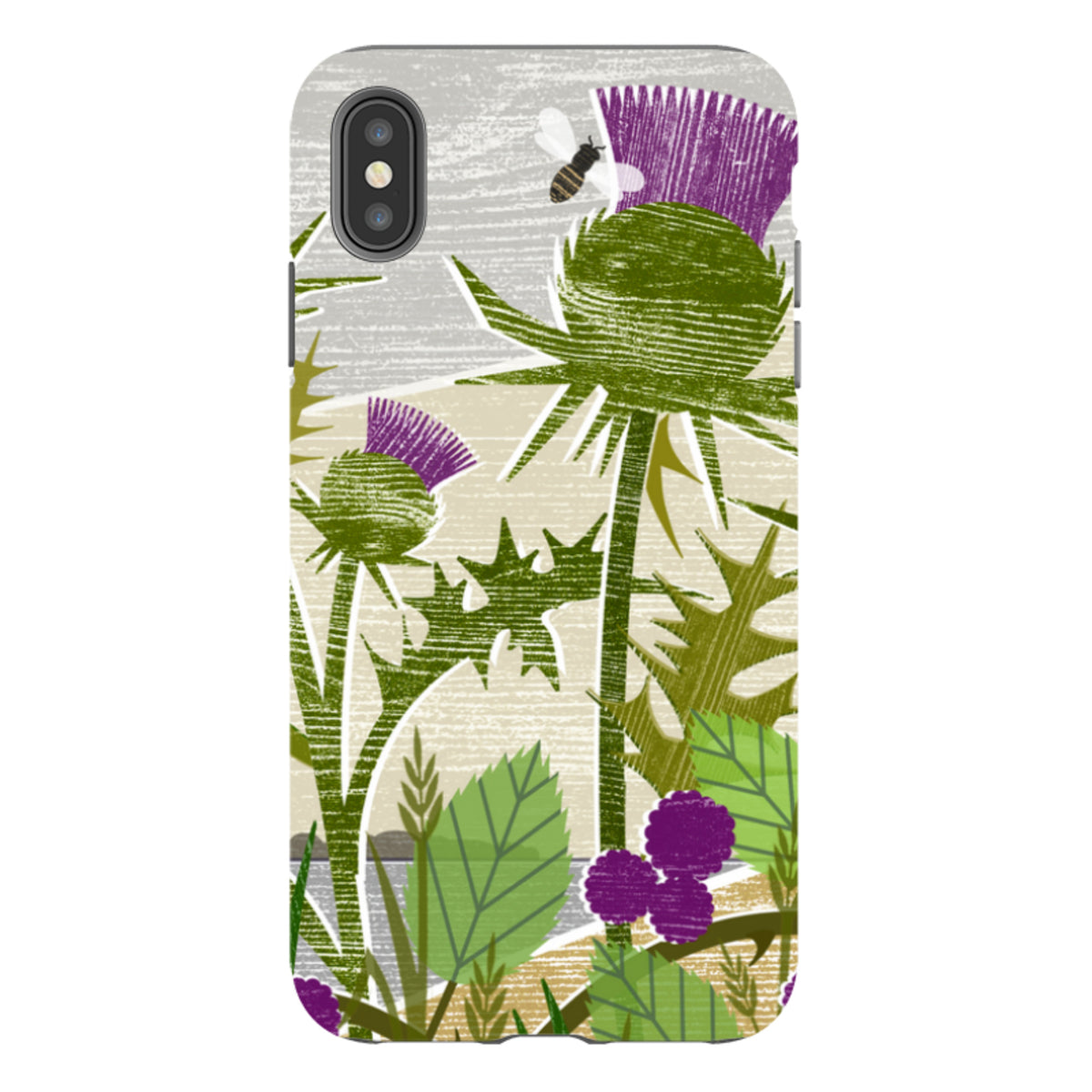 iPhone tough case featuring Liane Payne’s purple thistle and bee artwork on a durable dual-layer protective shell.