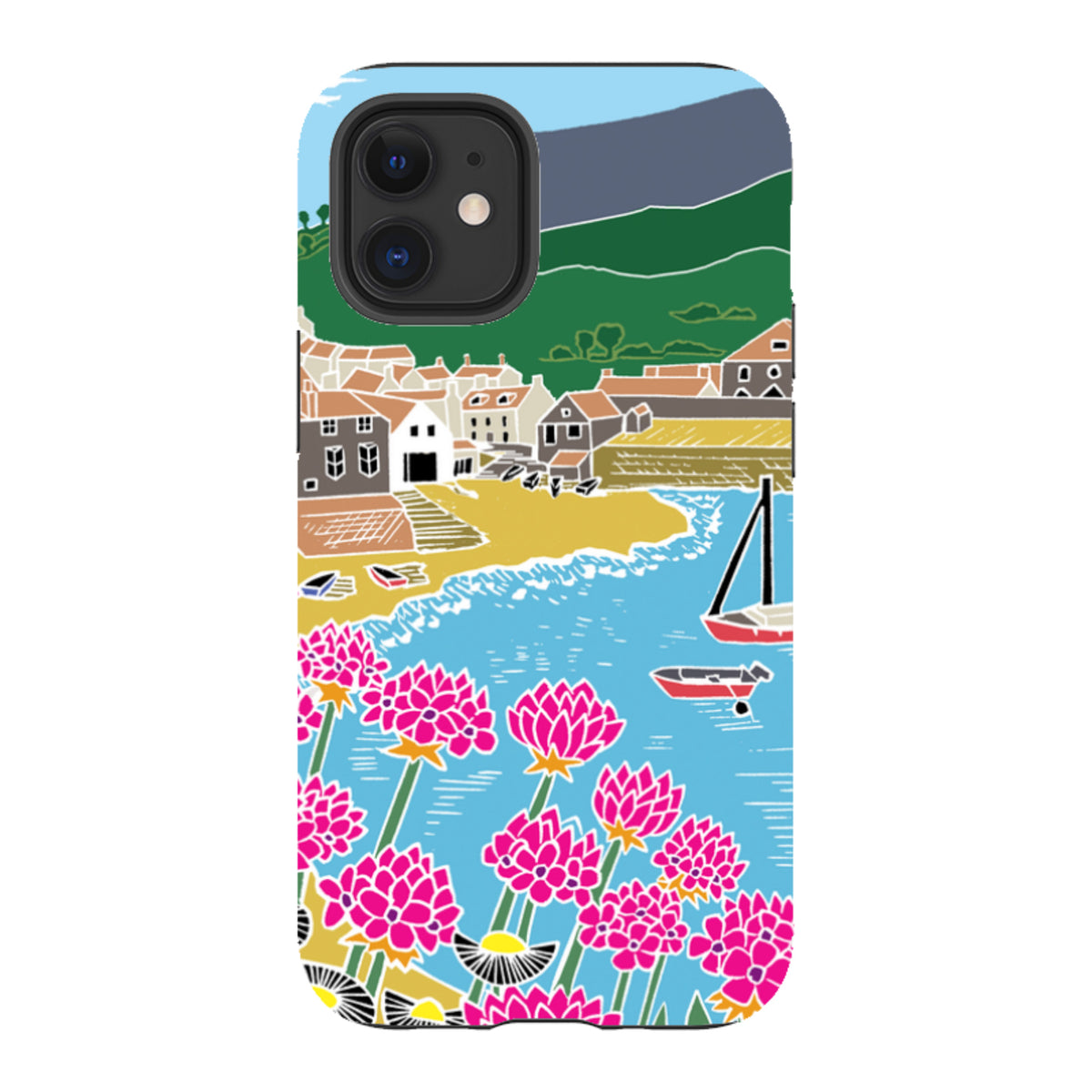 Dual-layer iPhone case featuring Kate Heiss’s Quaint Harbour art with pink flowers, a coastal village, and blue water.