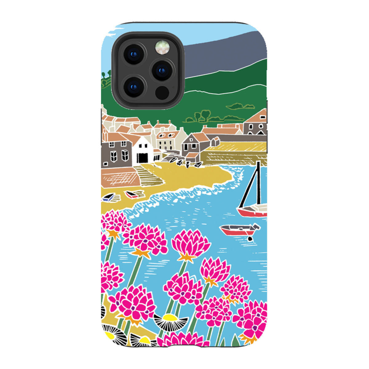 iPhone Tough Case featuring Kate Heiss's Quaint Harbour art with vibrant pink flowers, a blue bay, and coastal village.