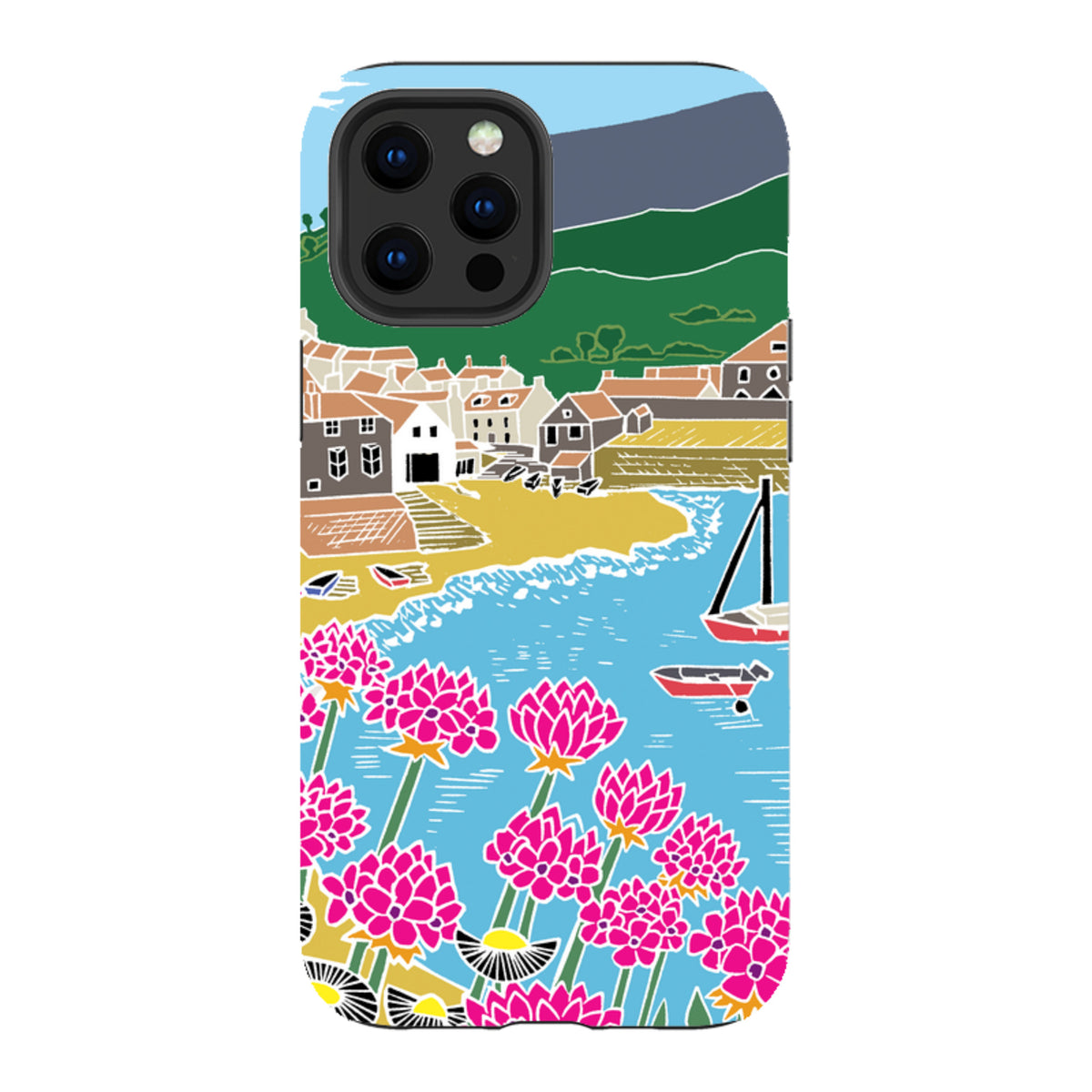 iPhone tough case featuring Kate Heiss's Quaint Harbour art with vibrant pink flowers, a coastal village, and blue water.