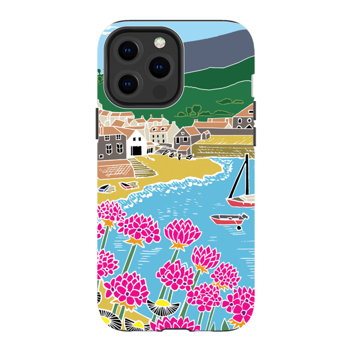 Dual-layer iPhone case featuring Kate Heiss’s Quaint Harbour art with vibrant pink flowers, blue water, and coastal village.