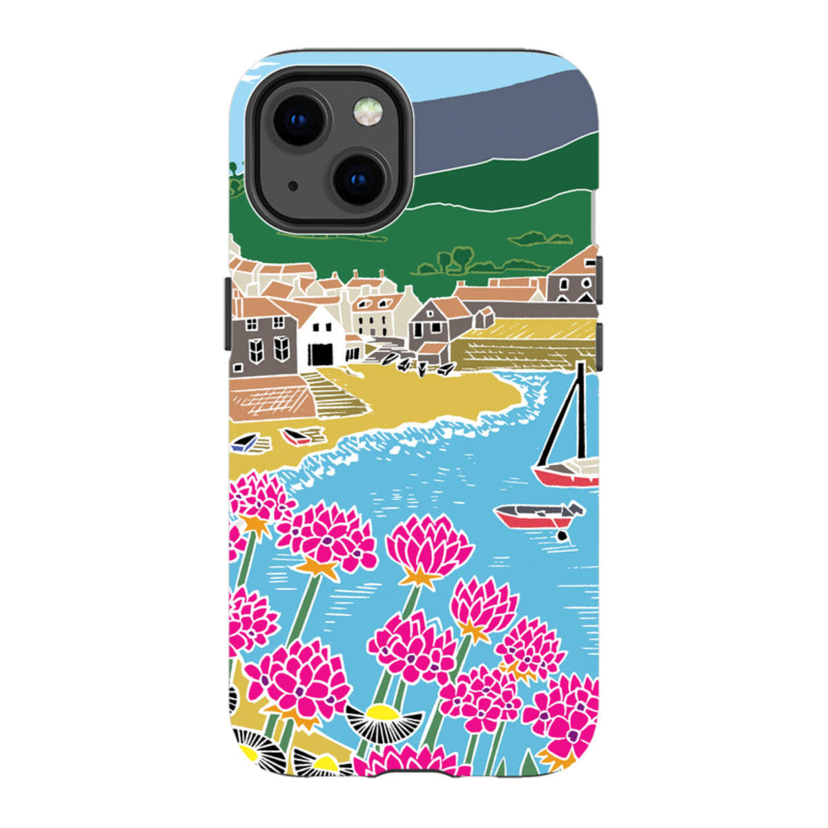 iPhone tough case featuring Kate Heiss's Quaint Harbour art with vibrant pink flowers, a coastal village, and blue sea.