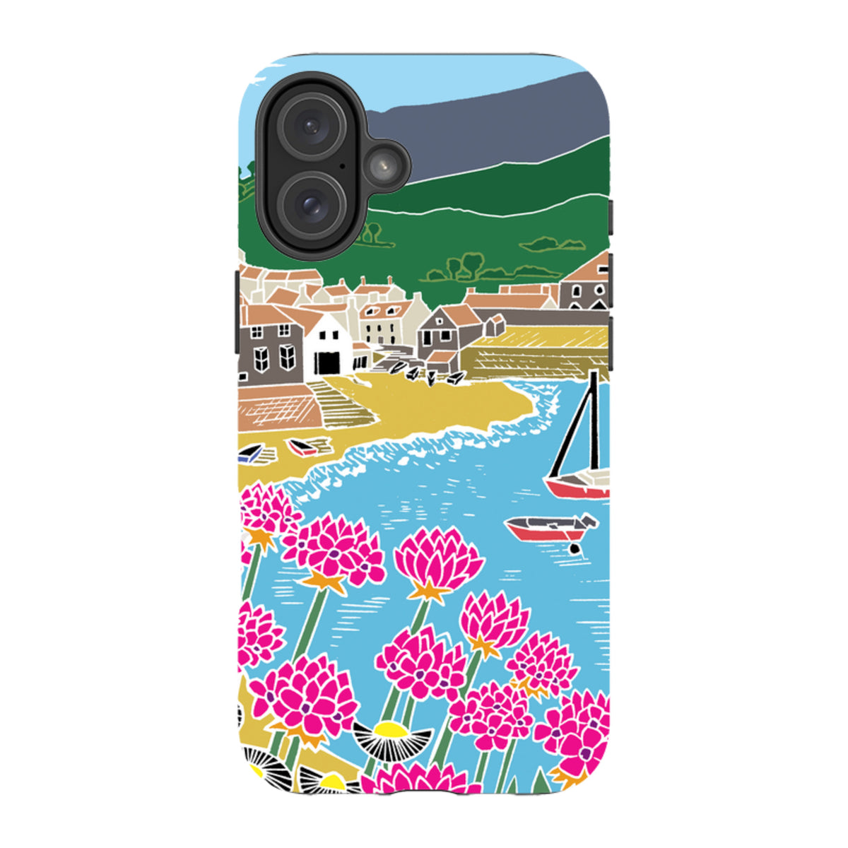 iPhone tough case featuring Kate Heiss's Quaint Harbour art with pink flowers, a blue bay, and coastal village scenery.