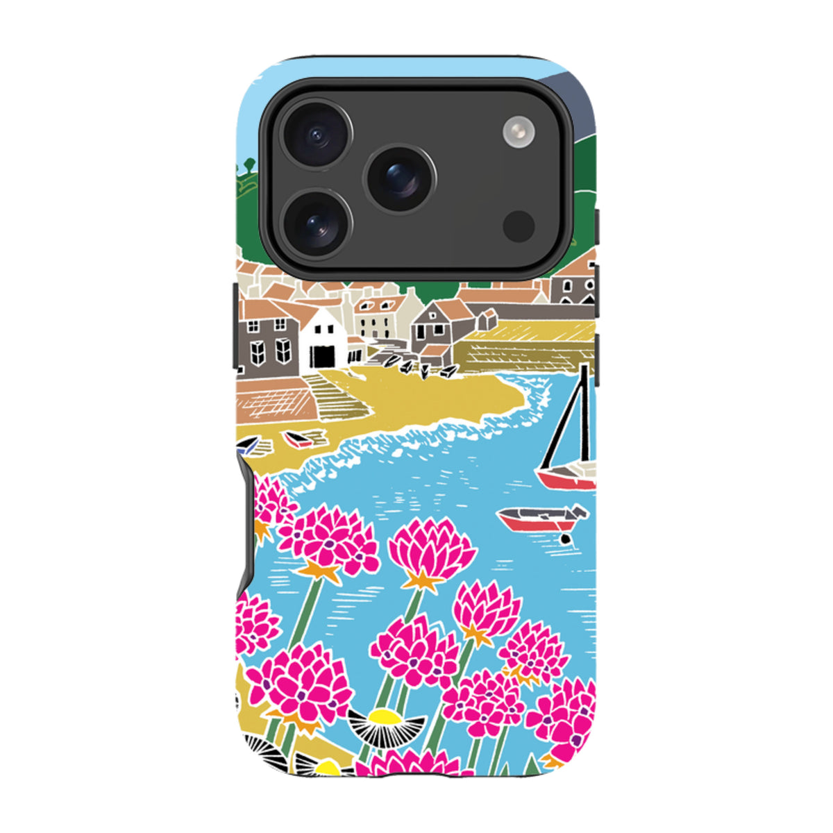 iPhone tough case featuring Kate Heiss's Quaint Harbour art with vibrant pink flowers, coastal village, and blue water.