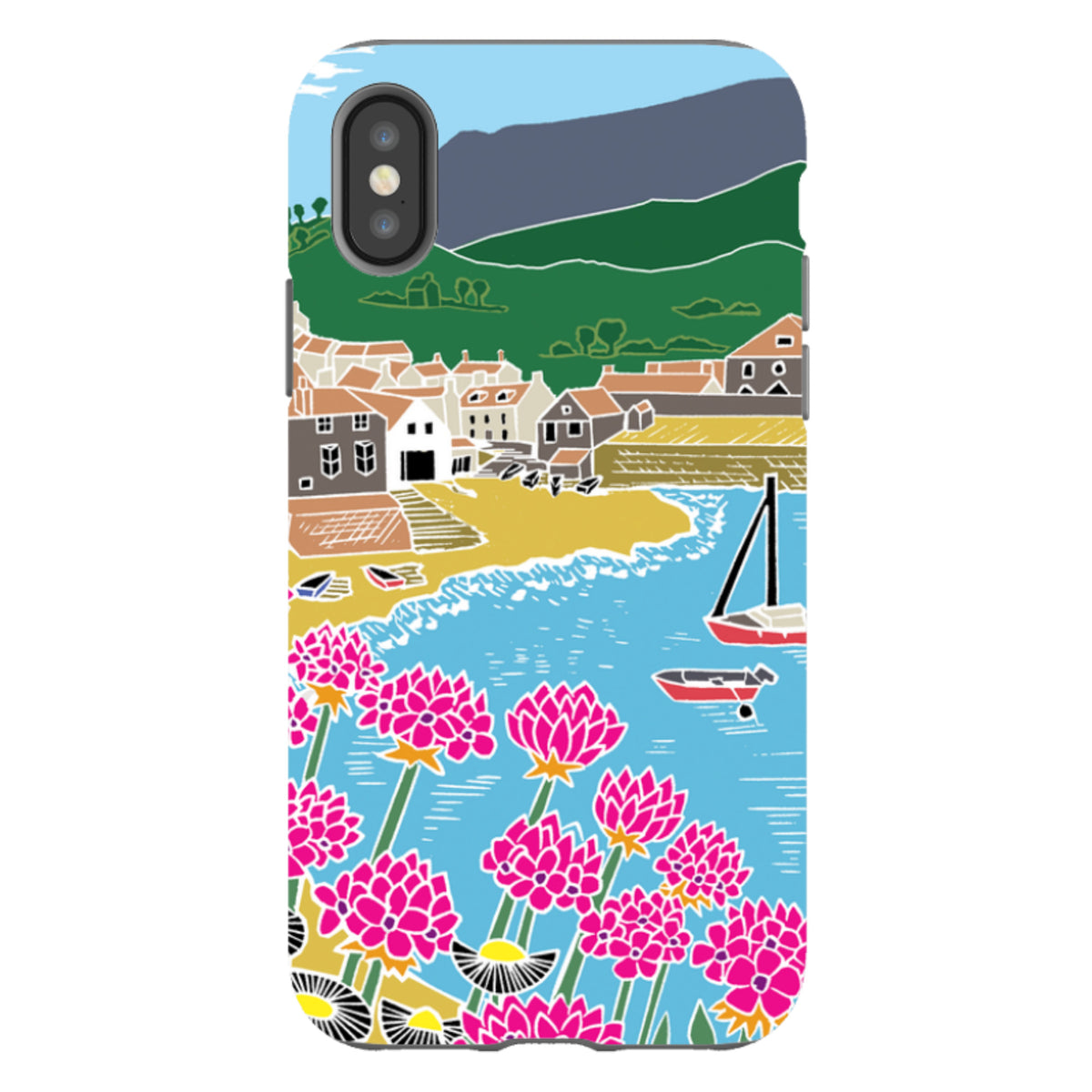 Dual-layer iPhone tough case featuring Kate Heiss’s Quaint Harbour art with vibrant pink flowers and a coastal village.