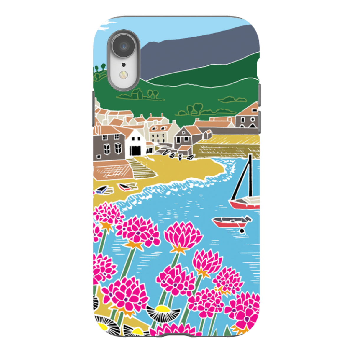 iPhone tough case featuring Kate Heiss's Quaint Harbour art with vibrant pink flowers, a coastal village, and boats.