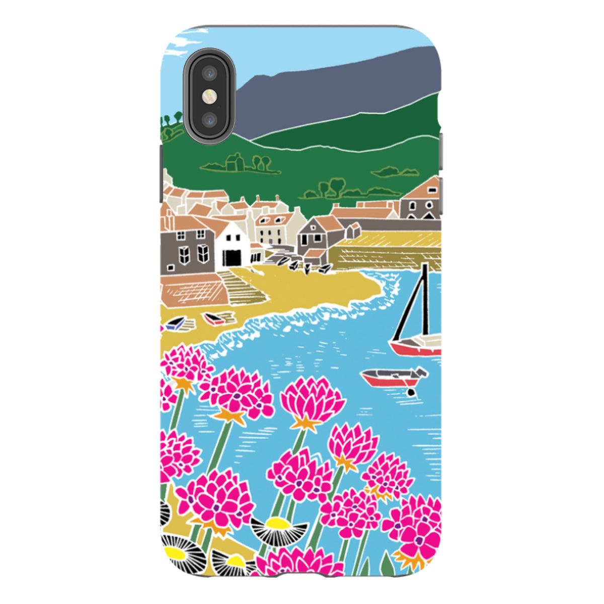 Dual-layer iPhone tough case featuring Kate Heiss’s Quaint Harbour art with vibrant pink flowers and a coastal village.