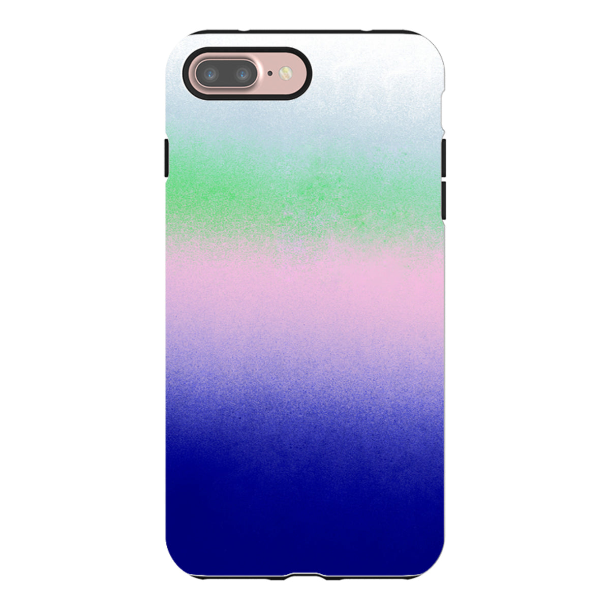iPhone tough case with a vibrant rainbow haze gradient in blue, purple, pink, and green on a durable dual-layer shell.