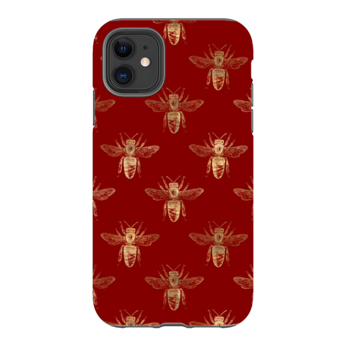 Red iPhone tough case featuring a repeating gold bee pattern with a dual-layer design and precise camera cutouts.
