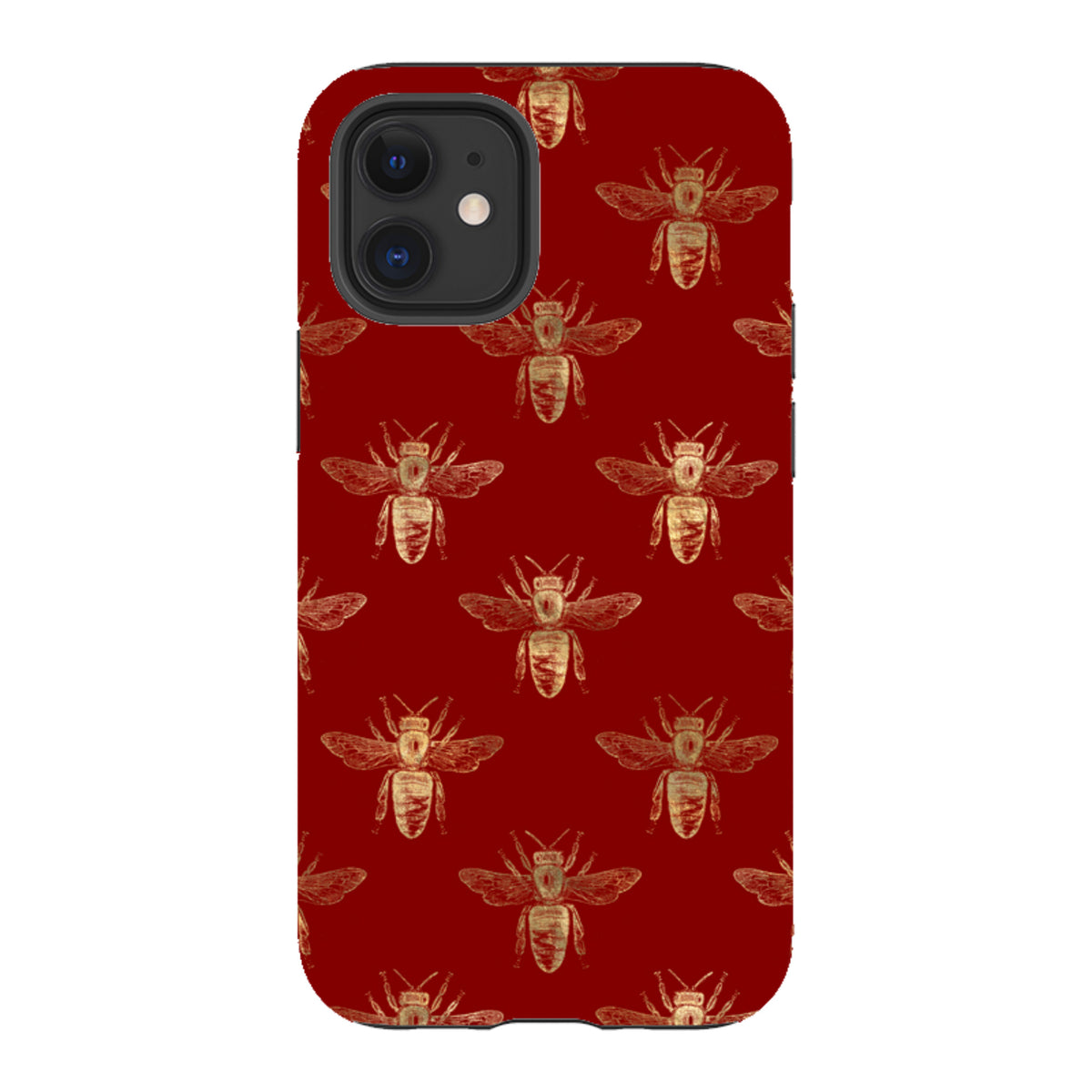 iPhone tough case in deep red with a repeating gold bee pattern and dual-layer protective design.