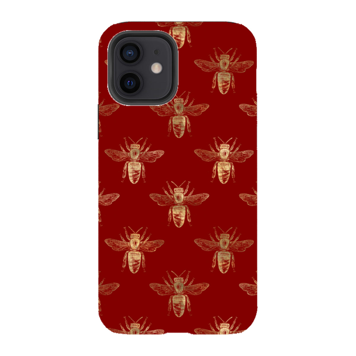 Red iPhone tough case featuring a repeating gold bee pattern with a dual-layer design and camera cut-out.