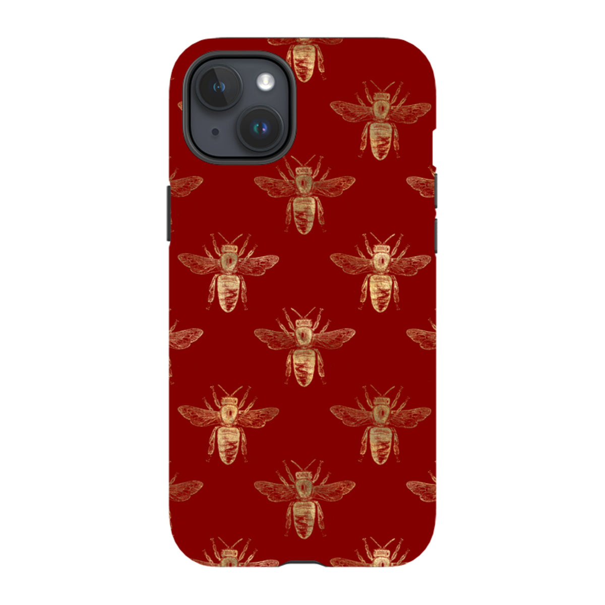 iPhone tough case in deep red with a repeating gold bee pattern and dual-layer protective shell.