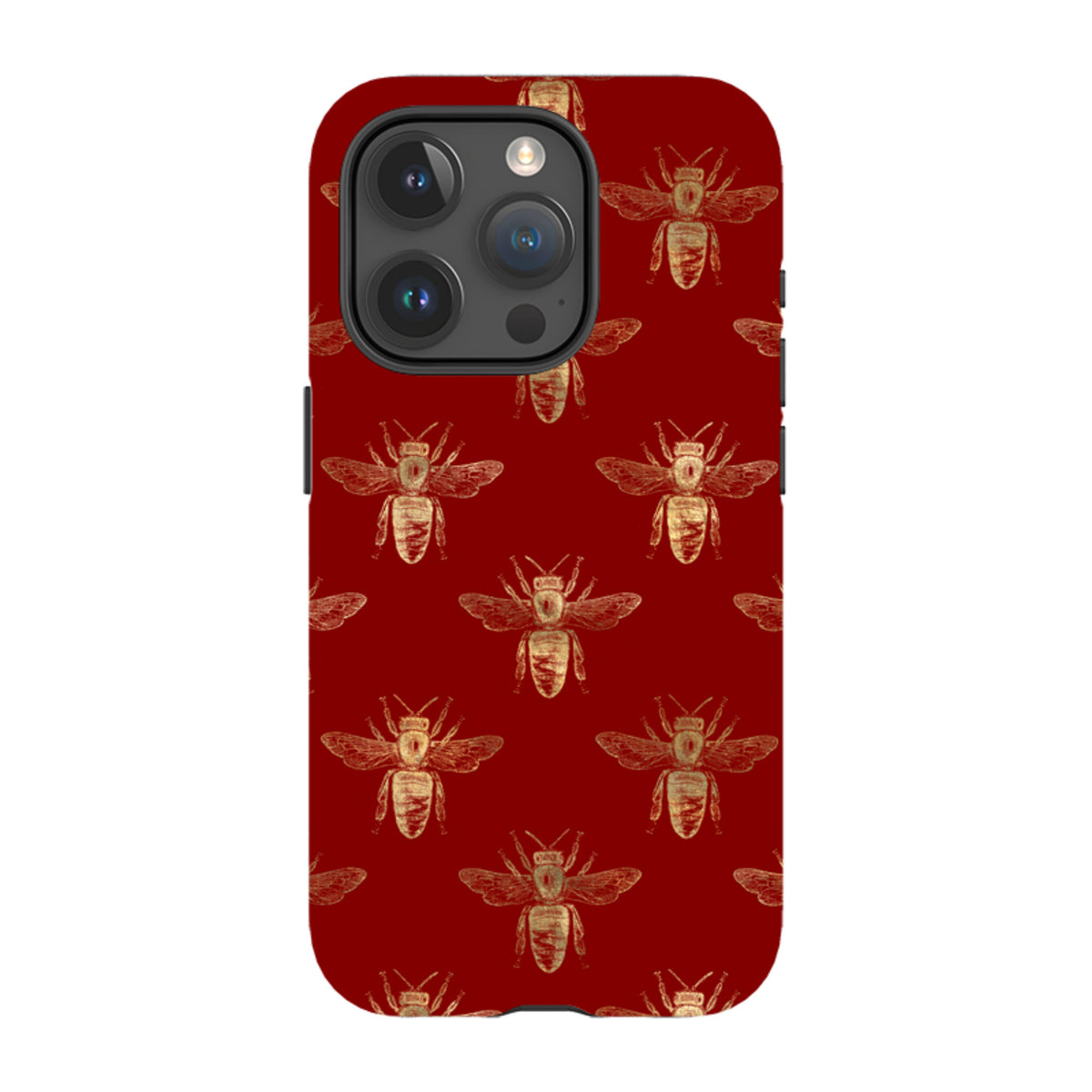 Red iPhone tough case featuring a repeating gold bee pattern with a durable dual-layer design and camera protection.