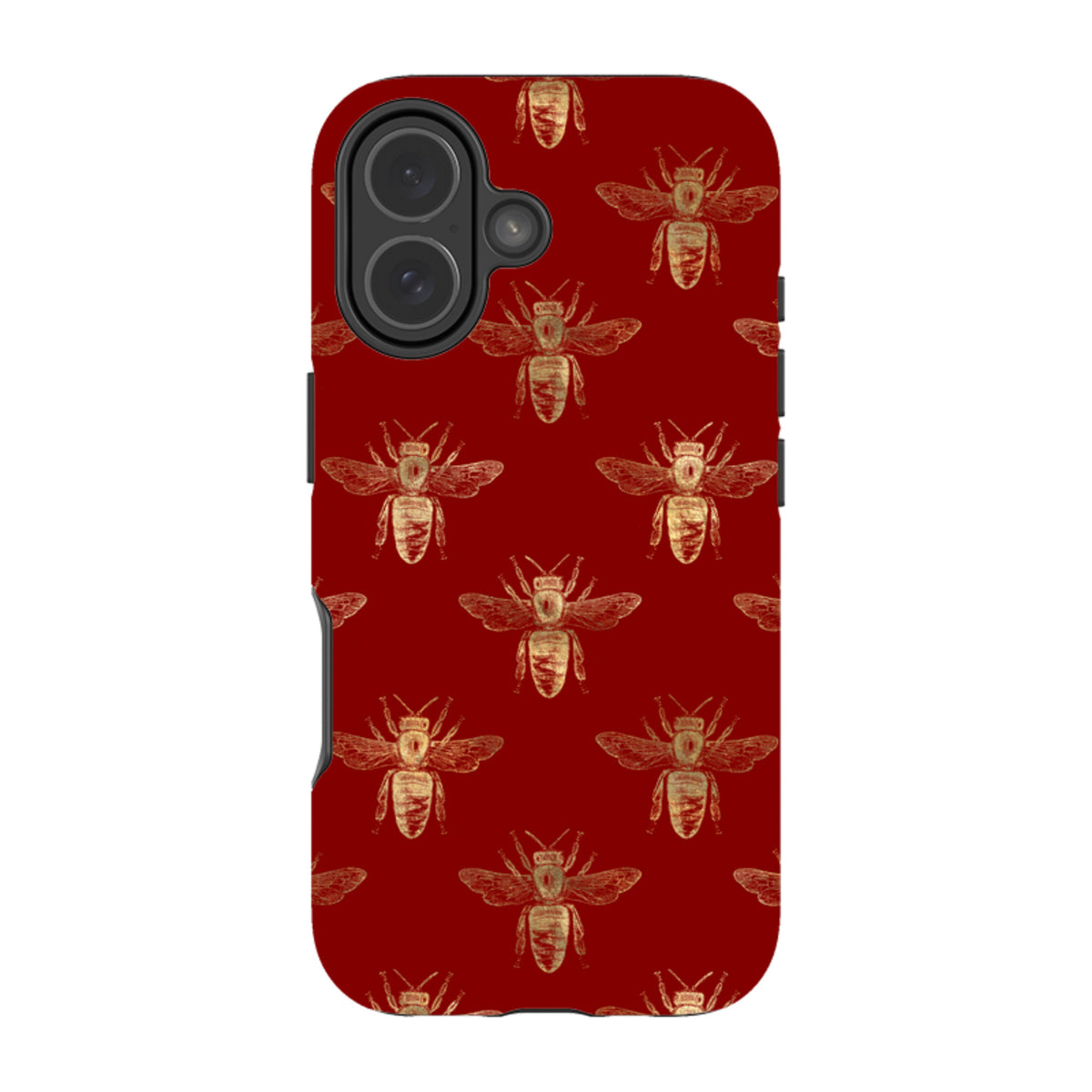 iPhone tough case in deep red with a repeating gold bee pattern and a protective dual-layer design.