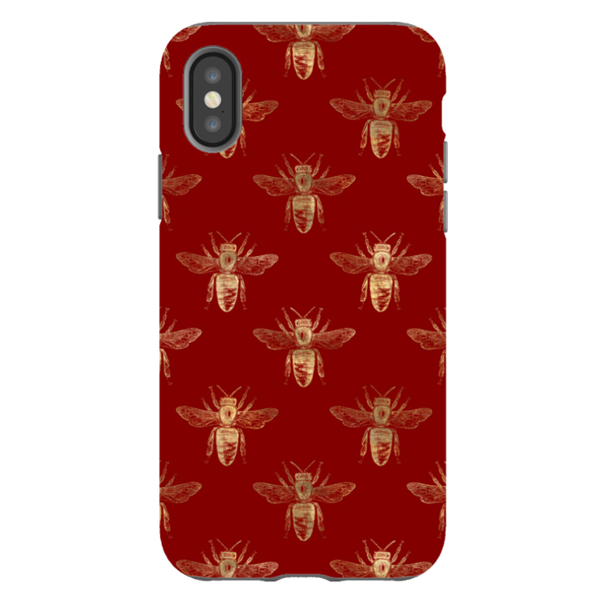 iPhone tough case in deep red featuring a repeating gold bee pattern with a dual-layer protective design.