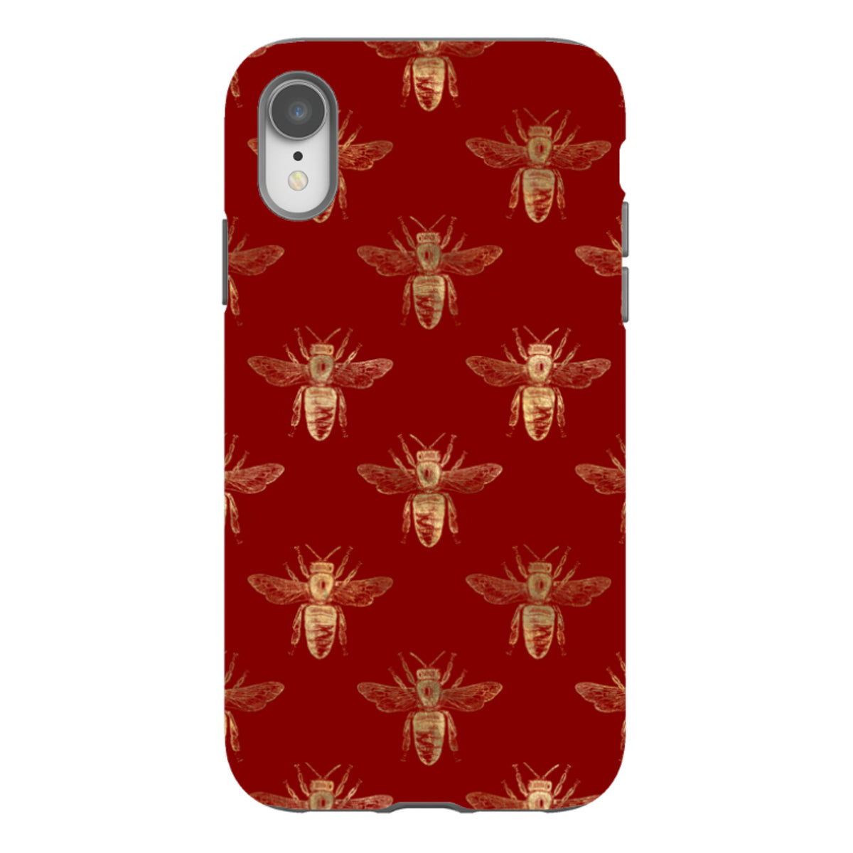 iPhone tough case in deep red with a repeating gold bee pattern and dual-layer protective shell.