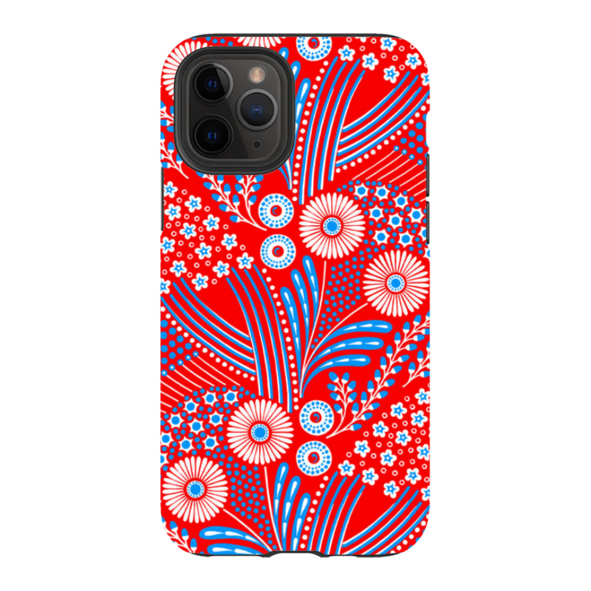 iPhone tough case featuring a vibrant red, white, and blue floral pattern by Cressida Bell with dual-layer protection.