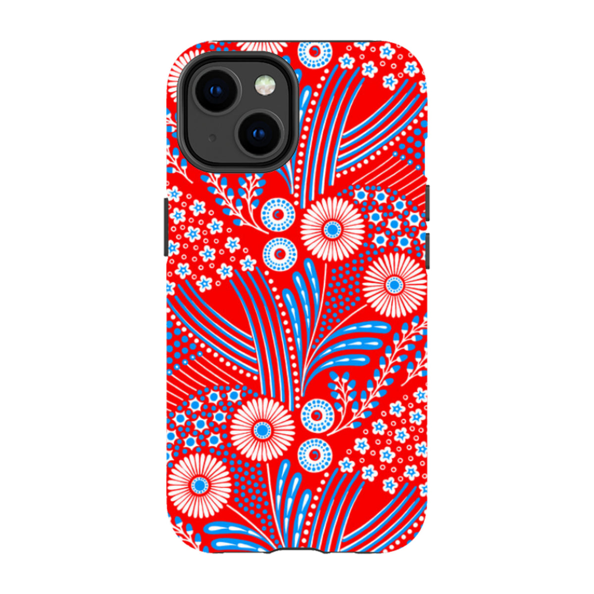iPhone tough case with a vibrant red, white, and blue floral pattern by Cressida Bell and dual-layer protection.