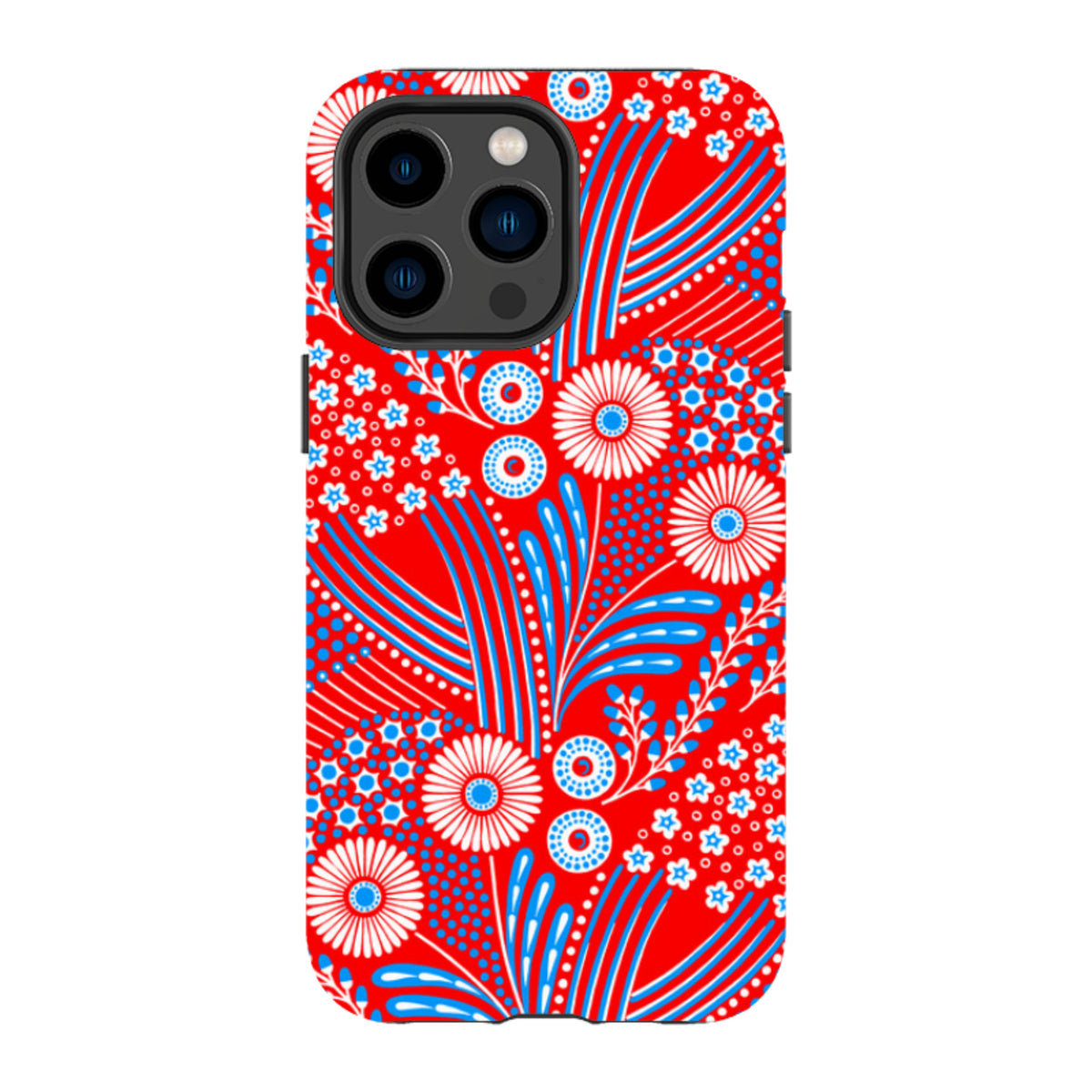 iPhone tough case with Red Bouquet floral pattern by Cressida Bell featuring bold red, white, and blue graphic designs.