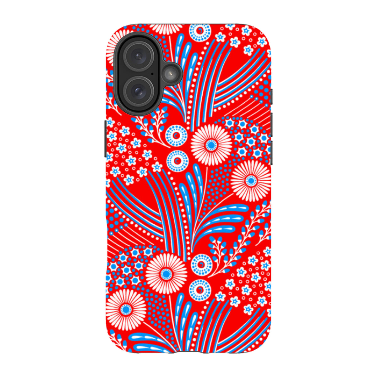 iPhone Tough Case featuring a vibrant red, white, and blue floral pattern by Cressida Bell with dual-layer protection.