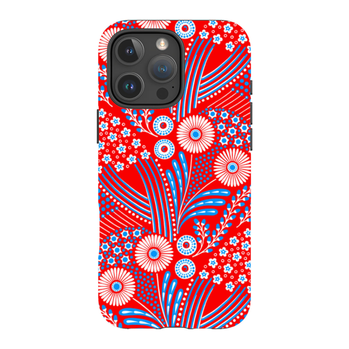 iPhone tough case with a vibrant red, white, and blue floral pattern by Cressida Bell and dual-layer protective shell.