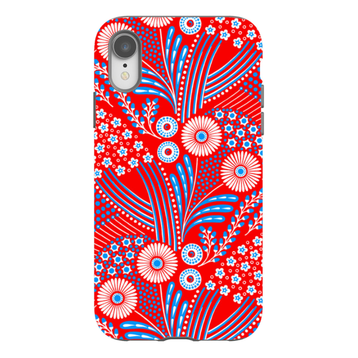 iPhone tough case featuring a vibrant red, white, and blue floral pattern by Cressida Bell with dual-layer protection.