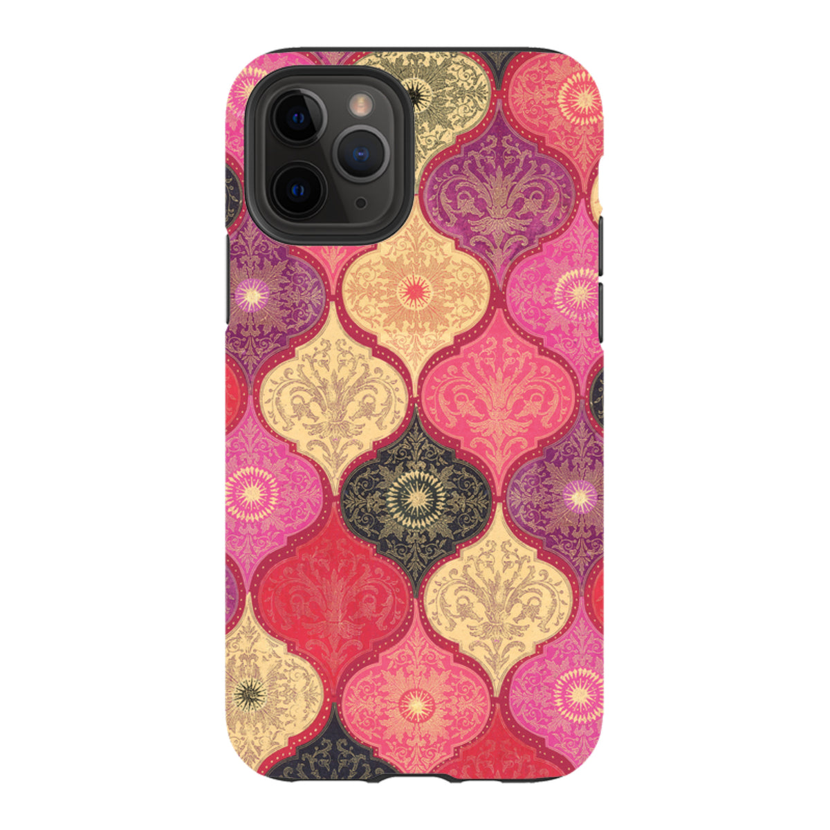 iPhone tough case featuring a vibrant red, pink, and gold damask pattern with a protective dual-layer design.