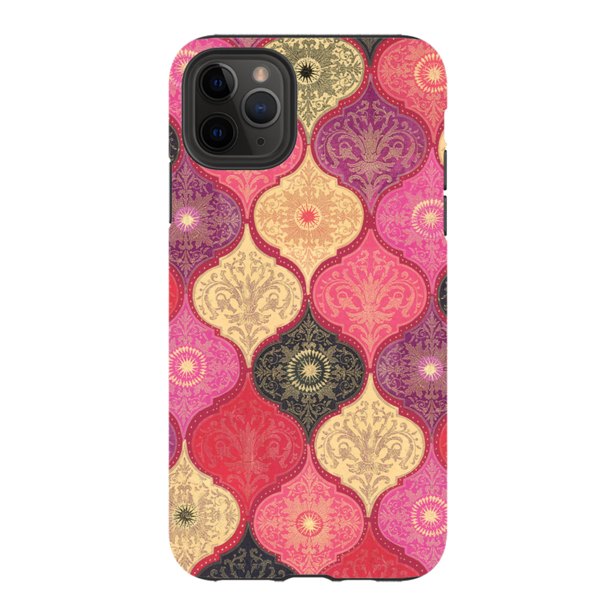 iPhone tough case featuring a vibrant red and gold damask pattern with dual-layer protection and precise camera cutouts.
