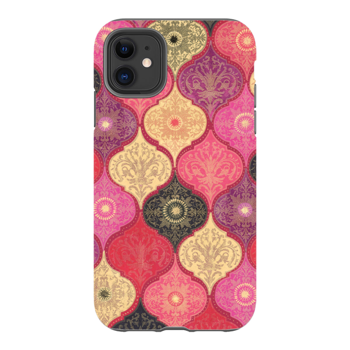 iPhone tough case featuring a vibrant red and gold damask pattern with intricate floral motifs and dual-layer protection.