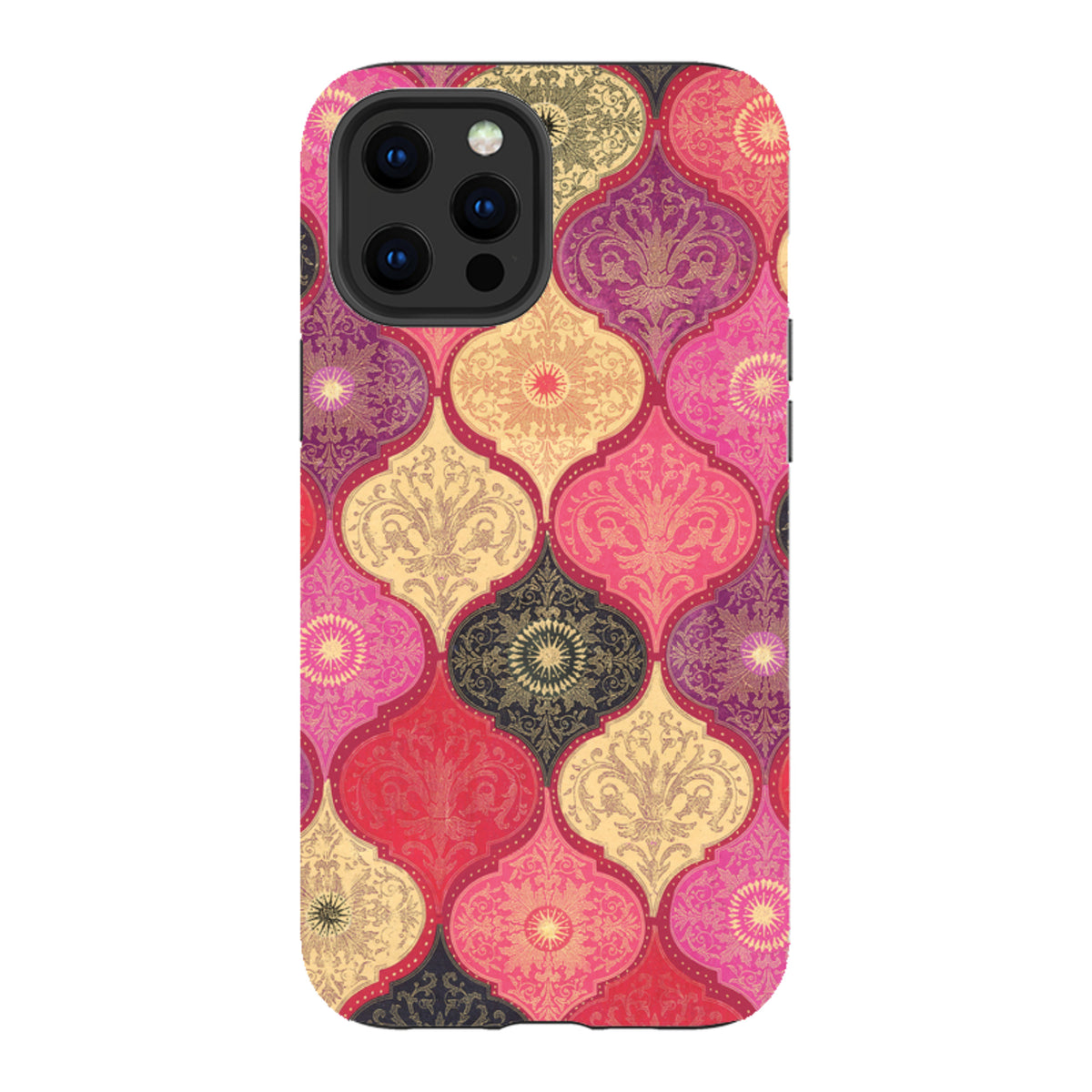 iPhone tough case with a red and gold damask pattern featuring dual-layer protection and a precise camera cutout.