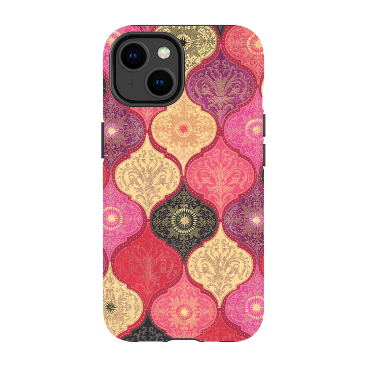 iPhone tough case featuring a vibrant red and gold damask pattern with dual-layer protection and precise camera cutouts.