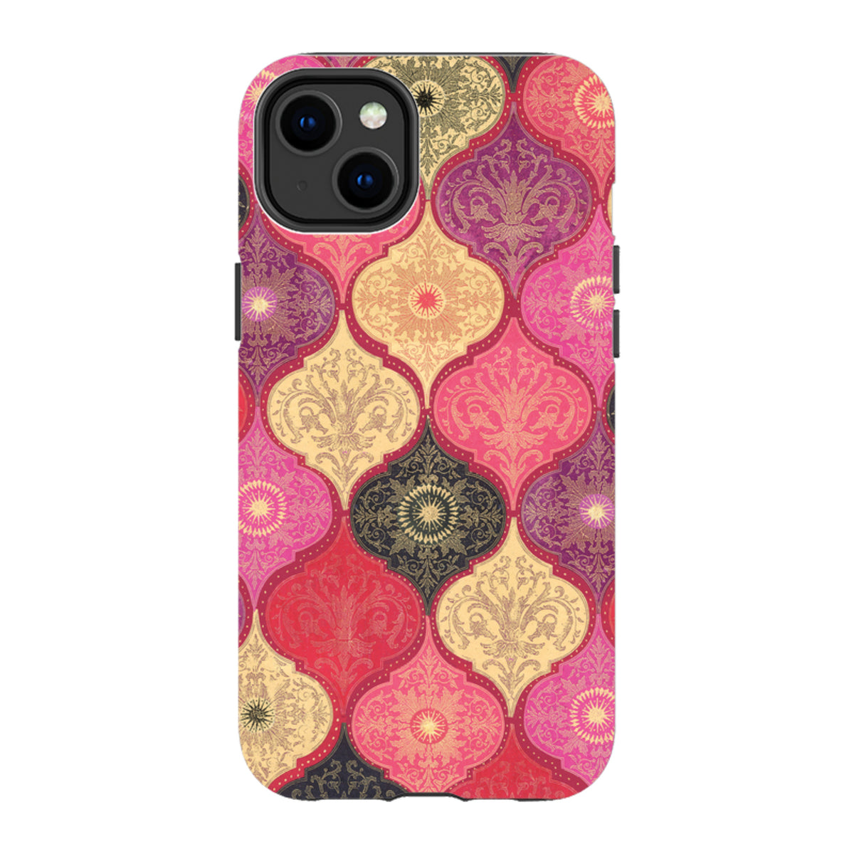 iPhone Tough Case featuring a vibrant red and gold damask pattern with dual-layer protection and precise camera cutouts.