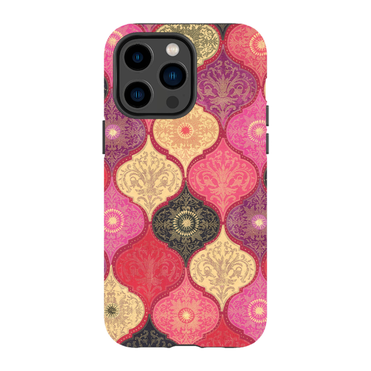 iPhone tough case featuring a vibrant red and gold damask pattern with a durable dual-layer protective shell.